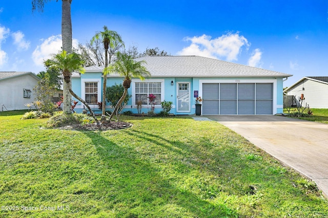 ranch-style home featuring a garage and a front yard