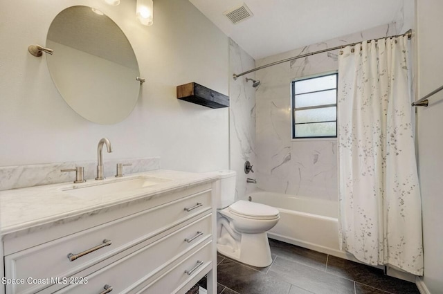 full bathroom with vanity, shower / bathtub combination with curtain, and toilet