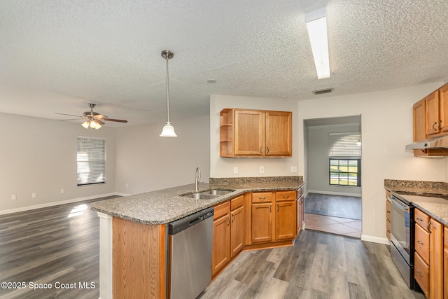 kitchen featuring hanging light fixtures, appliances with stainless steel finishes, sink, and dark hardwood / wood-style floors