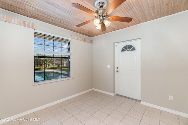 interior space with ceiling fan, ornamental molding, and wooden ceiling