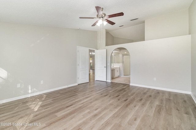 spare room featuring high vaulted ceiling, a textured ceiling, light hardwood / wood-style floors, and ceiling fan