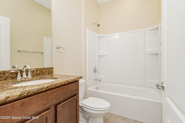 full bathroom with vanity, tile patterned flooring, bathtub / shower combination, and toilet