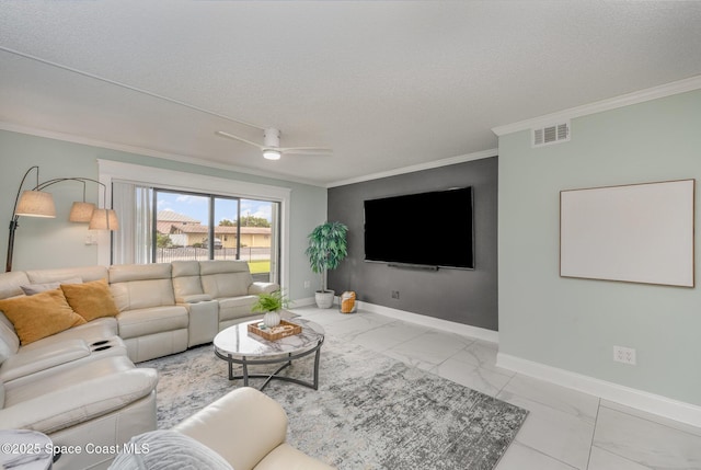 living room with crown molding, ceiling fan, and a textured ceiling