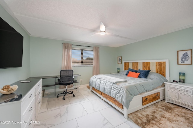 bedroom featuring ceiling fan, crown molding, and a textured ceiling