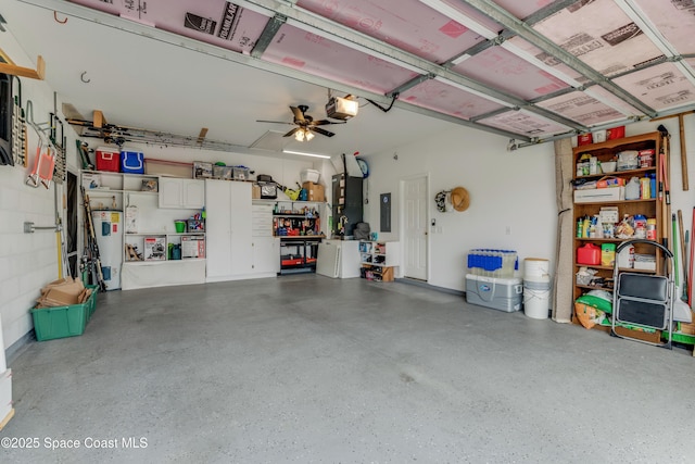 garage featuring ceiling fan, a garage door opener, electric panel, and water heater