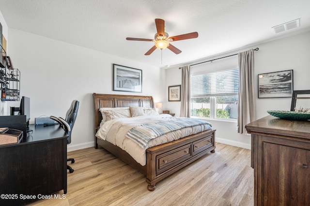 bedroom featuring ceiling fan, a textured ceiling, and light hardwood / wood-style flooring