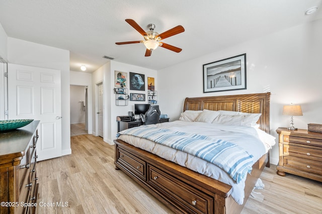 bedroom featuring ceiling fan and light hardwood / wood-style flooring