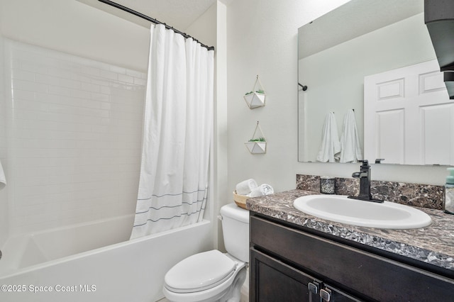 full bathroom with vanity, toilet, and shower / bathtub combination with curtain