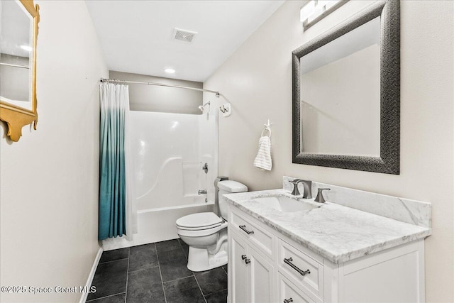 full bathroom featuring shower / tub combo with curtain, vanity, tile patterned flooring, and toilet