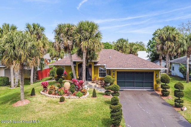 view of front of property with a garage and a front yard