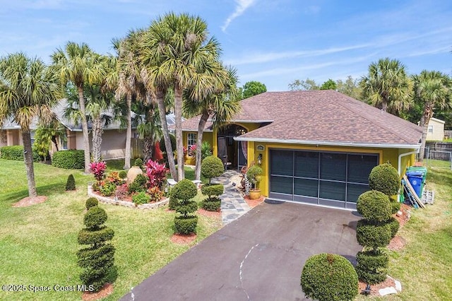 view of front of property featuring a garage and a front lawn