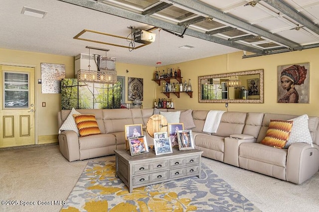 living room featuring light carpet