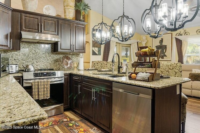 kitchen featuring pendant lighting, sink, appliances with stainless steel finishes, dark brown cabinets, and tasteful backsplash