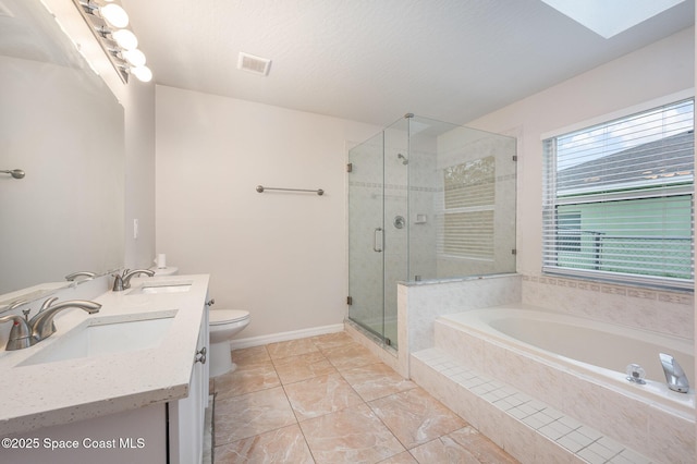 full bathroom with vanity, separate shower and tub, a textured ceiling, and toilet