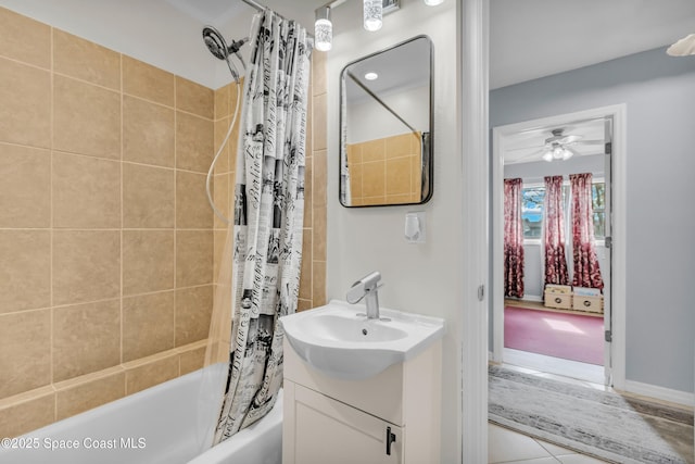 bathroom with shower / bathtub combination with curtain and vanity