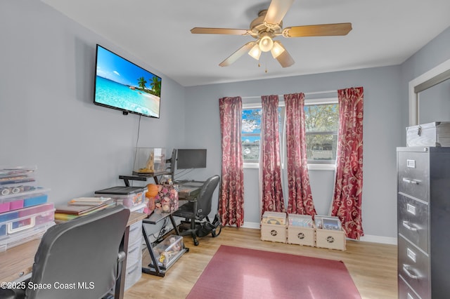 office featuring ceiling fan and light hardwood / wood-style flooring