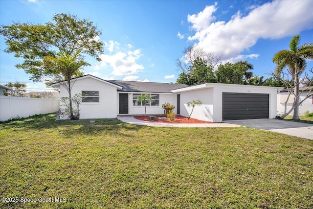 ranch-style house featuring a garage and a front yard