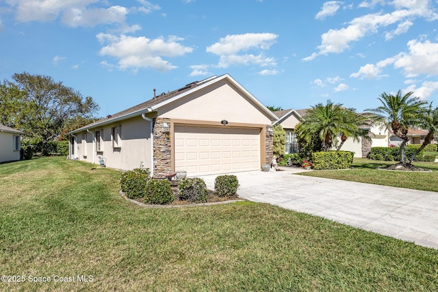 view of home's exterior with concrete driveway, stucco siding, a yard, stone siding, and an attached garage