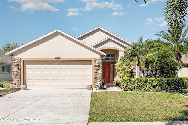 ranch-style house featuring a front lawn, an attached garage, stone siding, and stucco siding