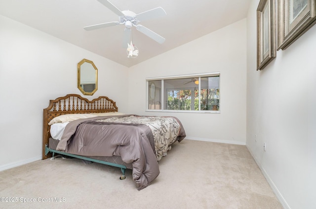 bedroom with baseboards, lofted ceiling, light colored carpet, and ceiling fan