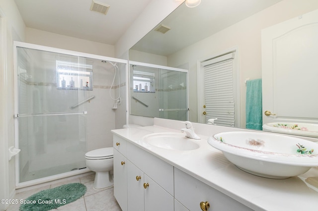 bathroom featuring tile patterned floors, visible vents, a shower stall, and toilet