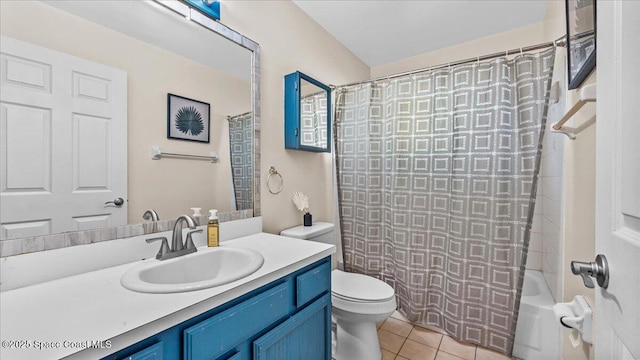 full bathroom featuring toilet, tile patterned floors, shower / bathtub combination with curtain, and vanity