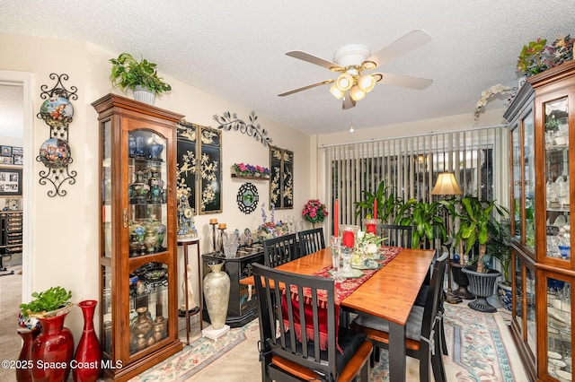 dining room featuring ceiling fan and a textured ceiling