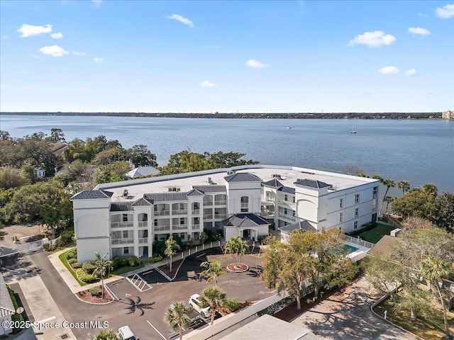 drone / aerial view featuring a water view