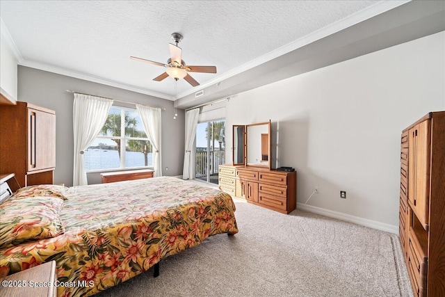 bedroom featuring ornamental molding, access to outside, ceiling fan, light carpet, and a textured ceiling