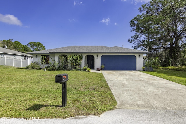 ranch-style home featuring a garage and a front yard