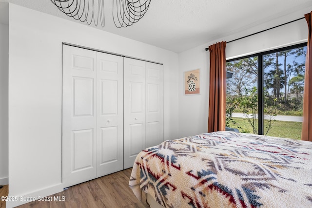 bedroom with light hardwood / wood-style flooring, a closet, and a textured ceiling