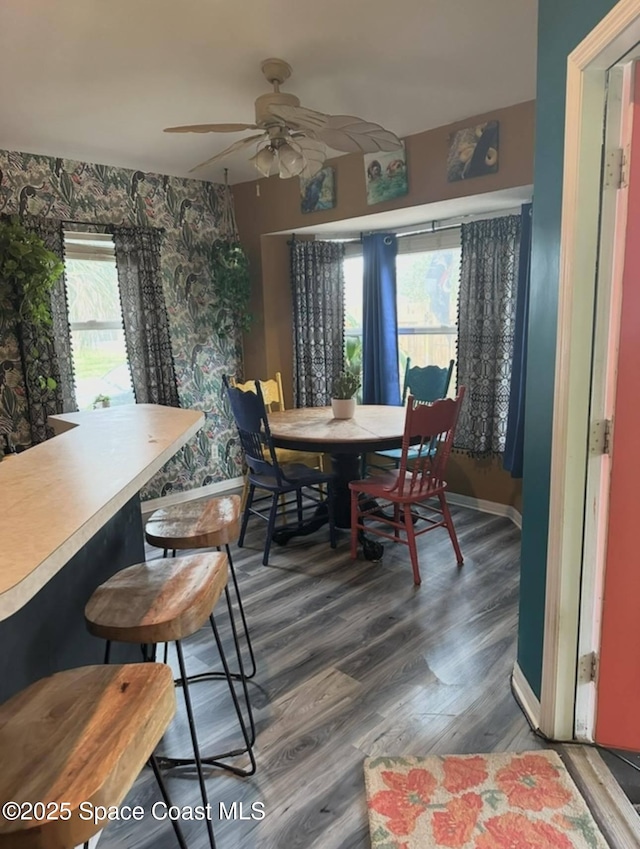 dining room featuring ceiling fan, baseboards, and wood finished floors