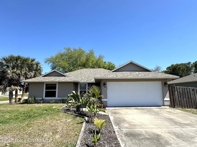 ranch-style home with stucco siding, a front lawn, an attached garage, and driveway