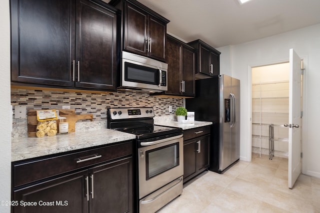 kitchen featuring dark brown cabinetry, appliances with stainless steel finishes, and decorative backsplash