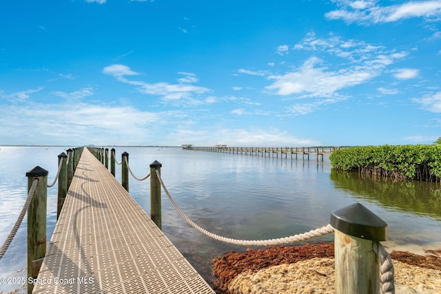 view of dock with a water view