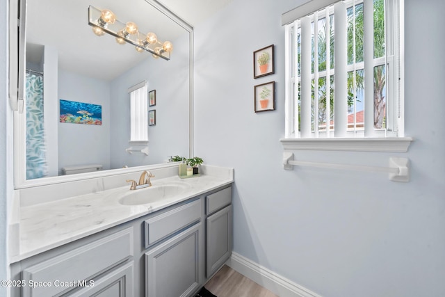 bathroom with vanity, toilet, and wood-type flooring