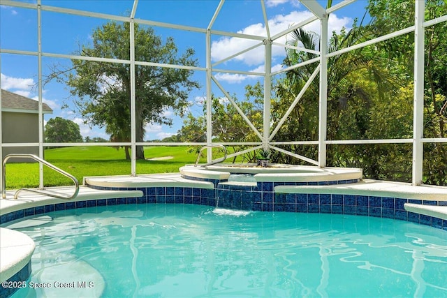 view of swimming pool with pool water feature, glass enclosure, and a lawn