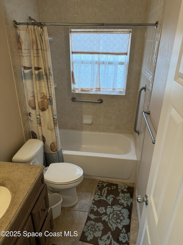 full bathroom featuring vanity, tile patterned flooring, toilet, and shower / tub combo with curtain