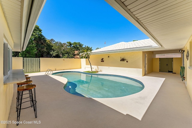 view of pool featuring a patio area, a fenced in pool, and fence