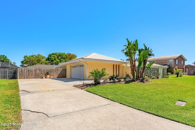 ranch-style home with stucco siding, driveway, a front lawn, fence, and an attached garage