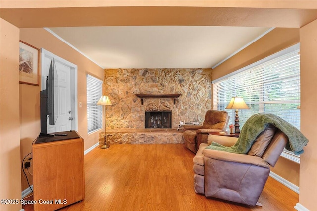 living room featuring ornamental molding, hardwood / wood-style floors, and a fireplace