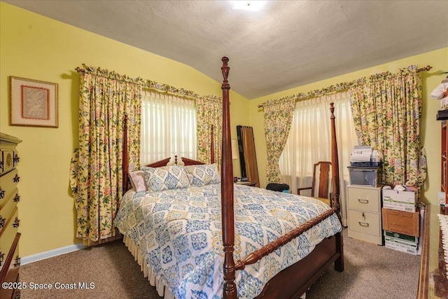 carpeted bedroom featuring lofted ceiling and a textured ceiling