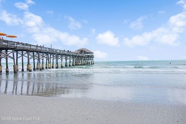 exterior space with a pier and a water view