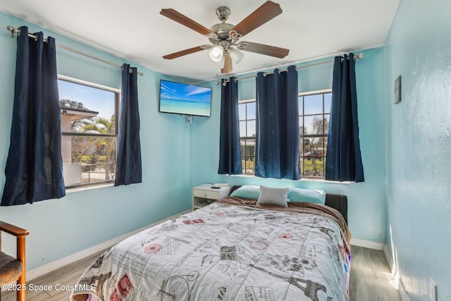 bedroom with multiple windows, hardwood / wood-style flooring, and ceiling fan