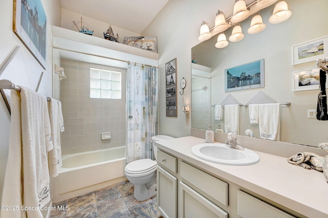 full bathroom featuring shower / tub combo, vanity, and toilet