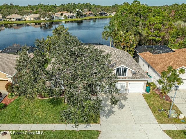 aerial view featuring a water view