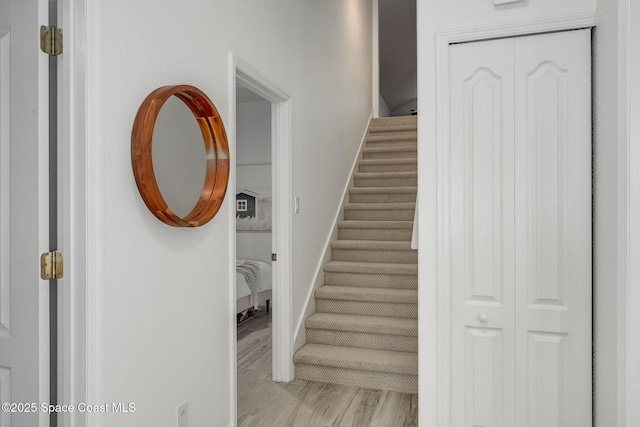 staircase with hardwood / wood-style flooring