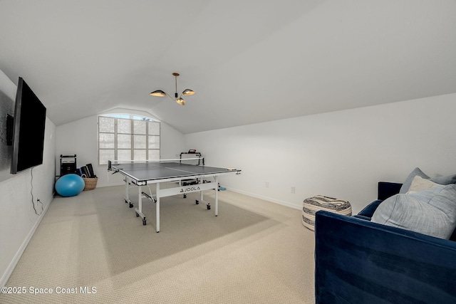 recreation room with light carpet and lofted ceiling