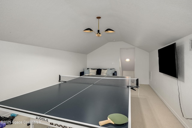 playroom with light colored carpet and lofted ceiling