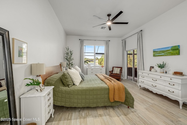 bedroom with ceiling fan and light wood-type flooring